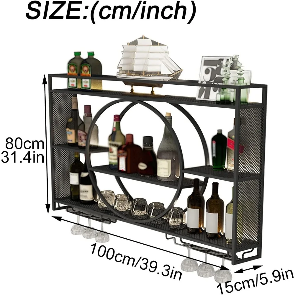 Armoire à vin murale en métal T1 avec porte-verre, cave à vin ronde à 3 couches T1, armoire à bar de grande capacité, 39.3 po