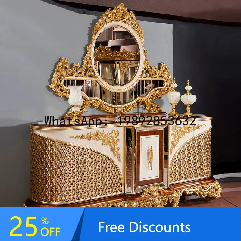 

BF French Dining Table and Chairs Solid Wood Carved with Gold Leaf French Long Dining Table French Fabric Dining Chairs