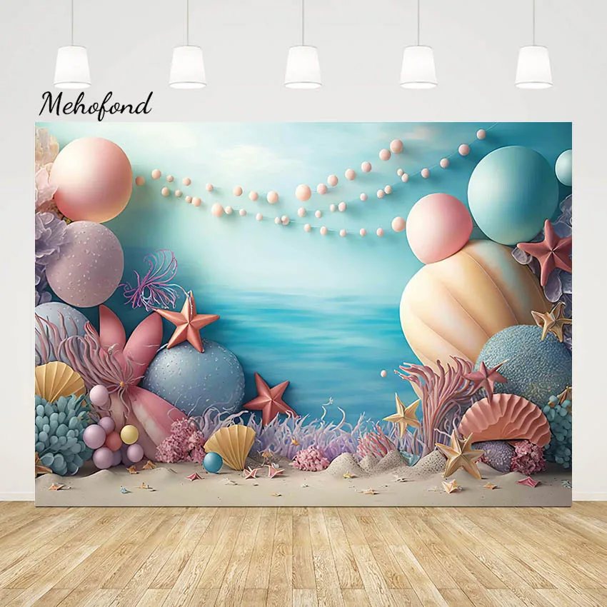 

Mehofond Mermaid Undersea Princess Backdrop Underwater Shell Starfish Sands Colorful Balloons Decor Background Photo Studio Prop