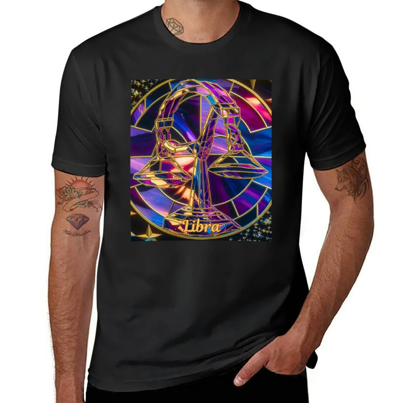 

Libra Zodiac, stained glass T-Shirt tshirts personalised man clothes vintage T-shirts for men cotton