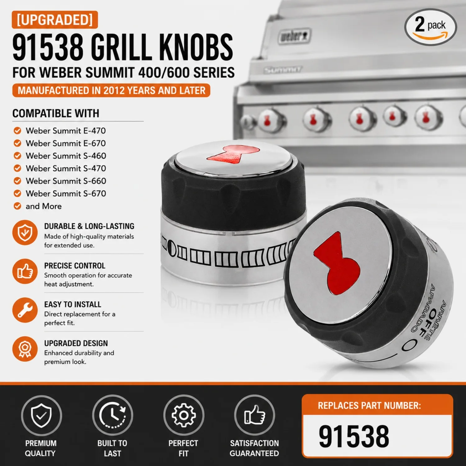 2-pack Upgraded 91538 Grill Knobs Compatible with Weber Summit 400 600 Grills Manufactured in 2012 Years and Later