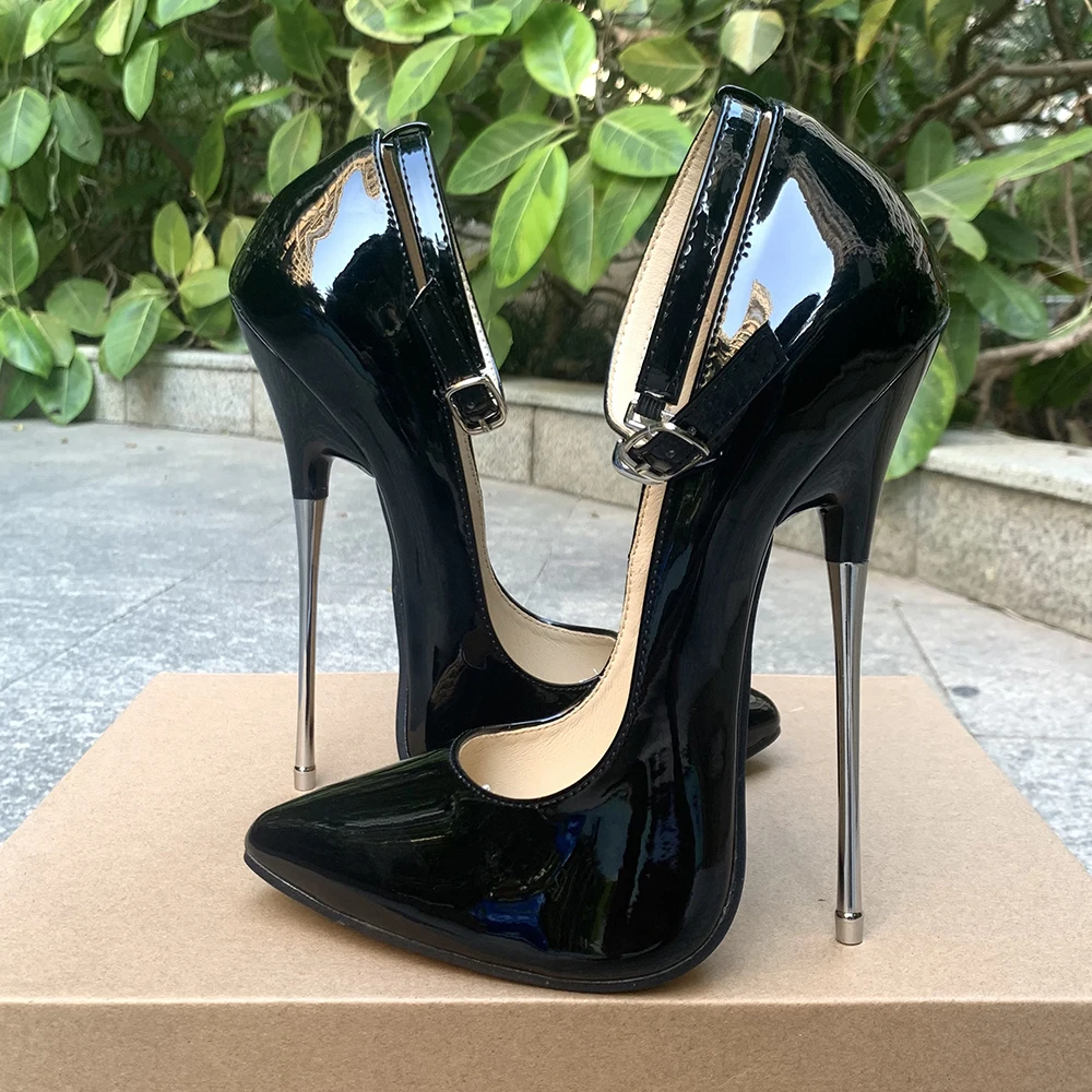 Super High Heels 16cm Stilettos Sexy Women Solid Black Dress Shoes Pumps Ankle Strap Fetish Party Unisex Man Shoes