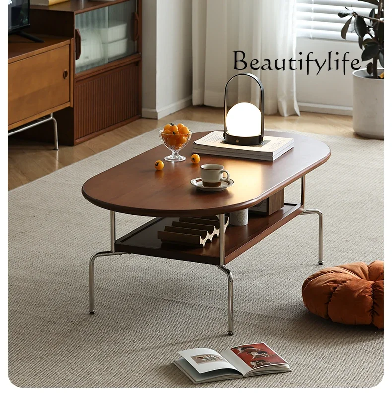 

Nordic Solid Wood Coffee Table Small Apartment Retro Minimalist Ins Stainless Steel Oval Tea Table