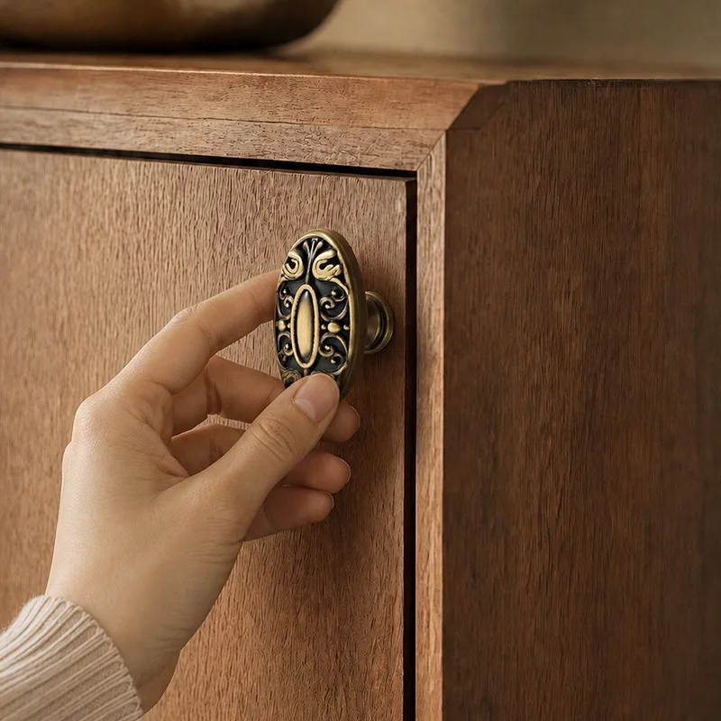 American-style Antique Brass Round French Wardrobe Door with European Carved Antique Cabinet Handles