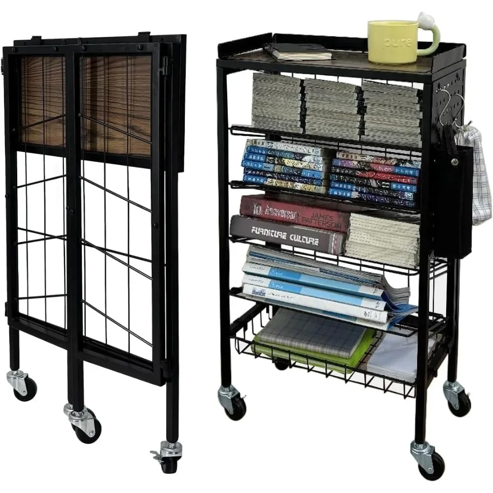 

Foldable Book Cart 6-Tier Large Capacity Bookshelf Single Sided V-Shaped Sloped Shelves With brake Wheels With PegBoard
