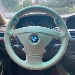 Cubierta de cuero genuino para volante de coche, accesorio de 3 radios, color beige, cosido a mano, para BMW serie 7 E65/E66 100%-2001, 2008