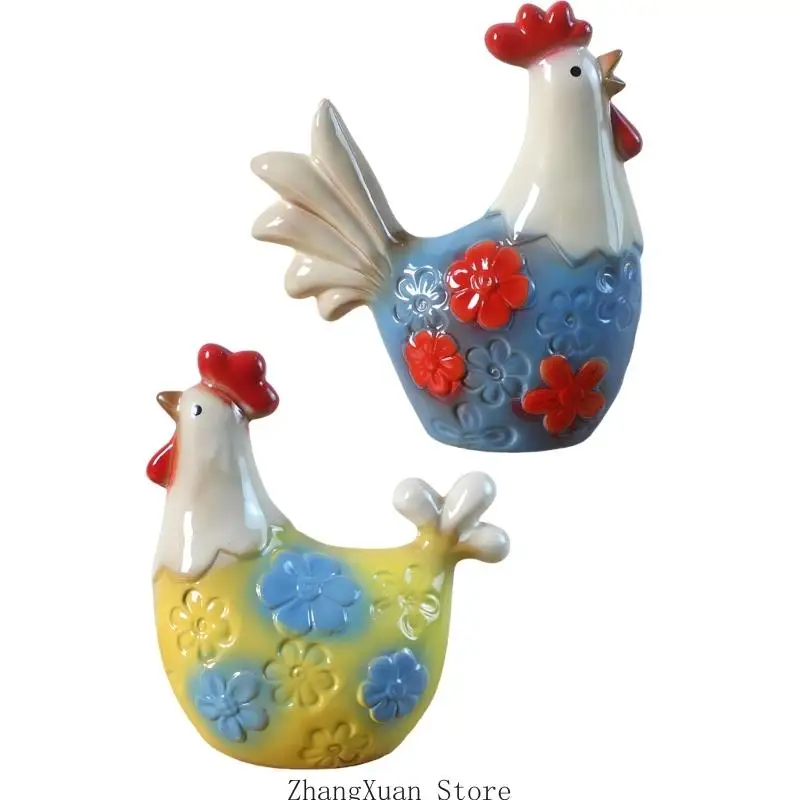 2 Stück Regal-Akzent-Keramik-Bauernhoftier-Figur, glänzendes Blumendekor, Stück für Schreibtisch, Schrank, Eingangsbereich – Detail 3