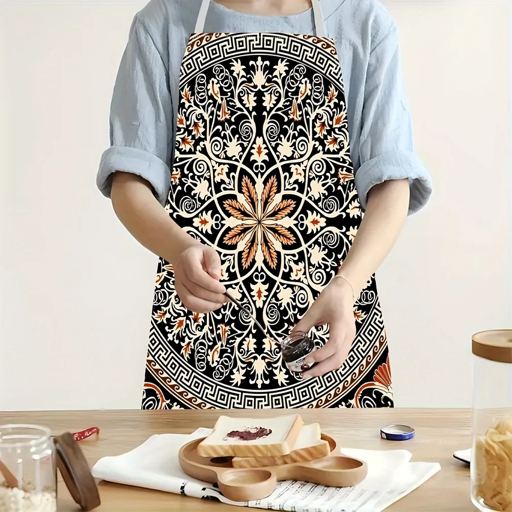 

Ornate Mandala Print Apron – Black Base with Gold & Terracotta Details, Soft Linen, Adjustable Neck Strap, Machine Washable