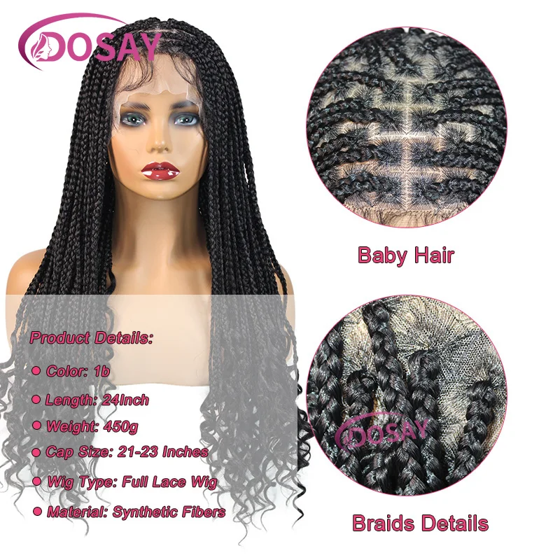 Wig Cornrow sintetis kepang kotak depan renda penuh untuk wanita warna hitam Wig Frontal renda kepang dengan rambut bayi berakhir 24 inci