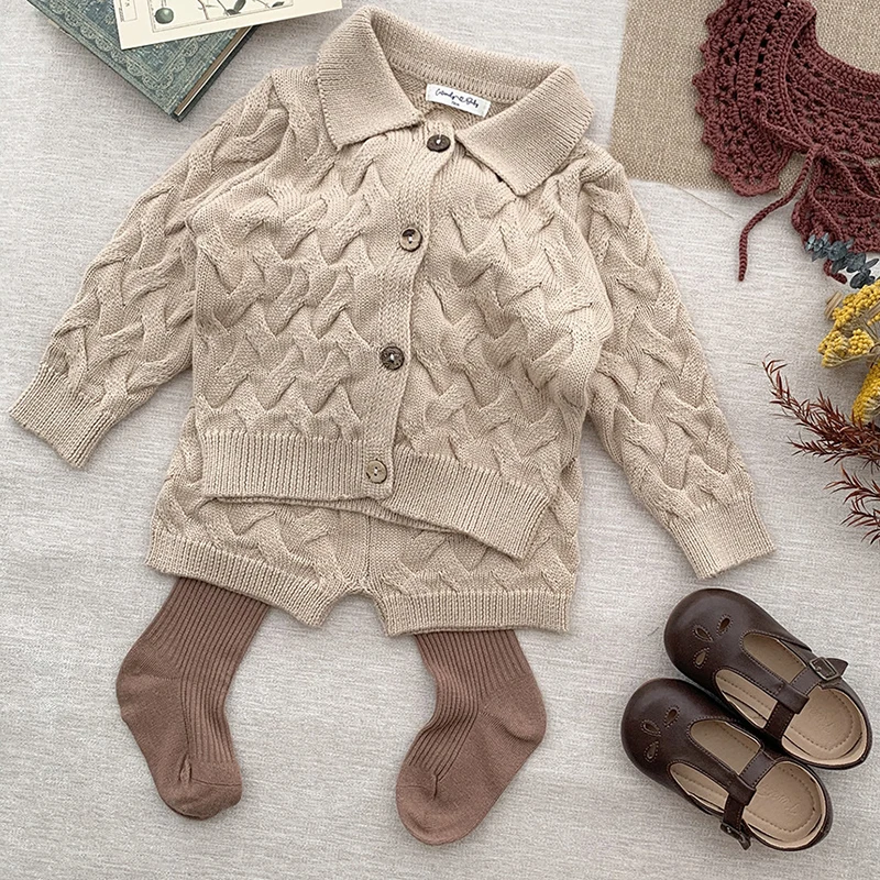 0-4Y Toddler Girls Boys Knit Suit Autumn Children Clothing Boys Girls Baby Knit Sweater Cardigan + Shorts Suit Baby Clothes Suit