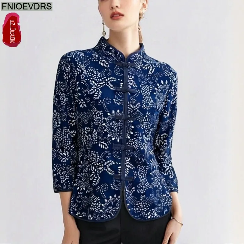 

Короткие хлопковые льняные топы, блузки, новые женские элегантные рубашки в китайском стиле с цветочным принтом и чернилами, ретро, винтажные базовые рубашки с воротником-стойкой