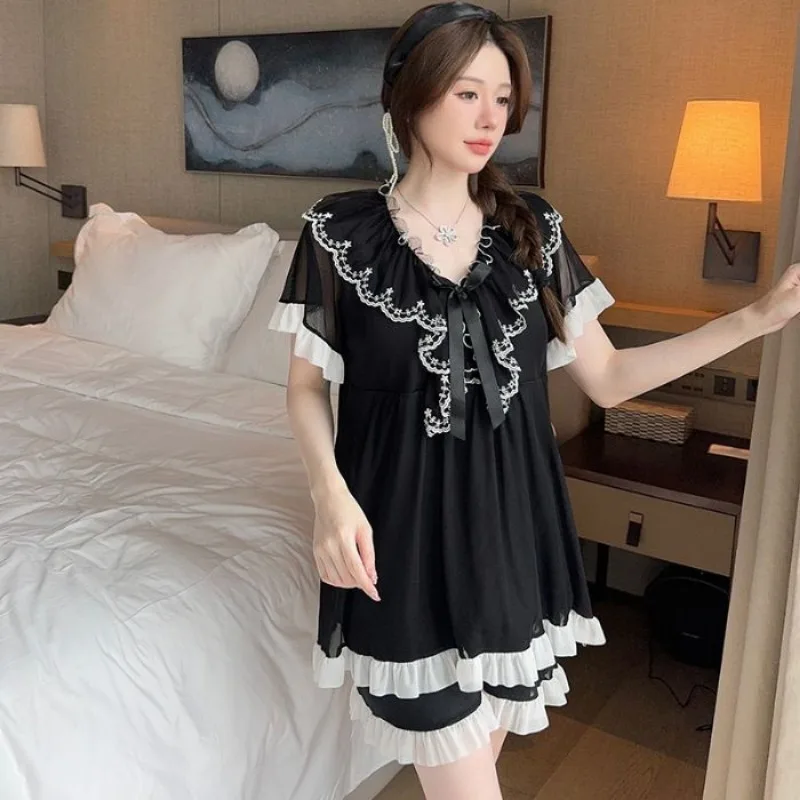 Summer Sleepwear Women Pajamas Sets Sweet Japanese Pullover Shorts Two Pieces Loungewear Ruffle Kawaii Women Clothing Nightwear