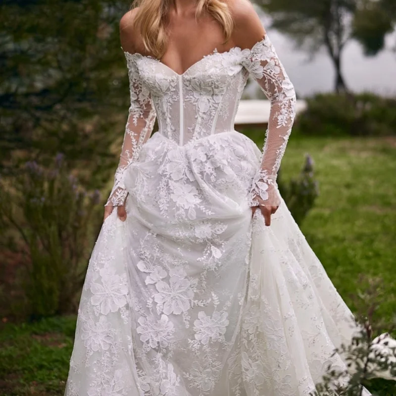 

White Appliques Wedding Dresses off-shoulder A-line Lace Long tail floral print Bridal Gowns Made Customized
