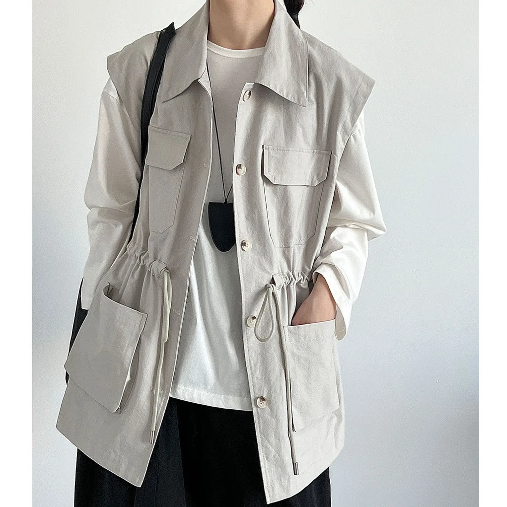 

Women Vests Coats Solid Cargo Jackets Pocket Drawstring Turn Down Collar Single Breasted Cinched Waist Streetwear 2026 Autumn