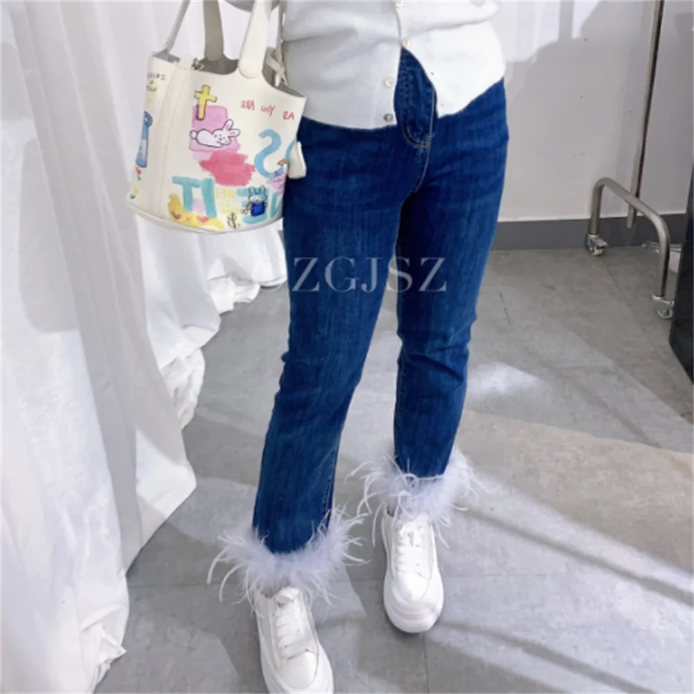 

Gray blue Feather straight jeans girls 2023 new design denim trousers women