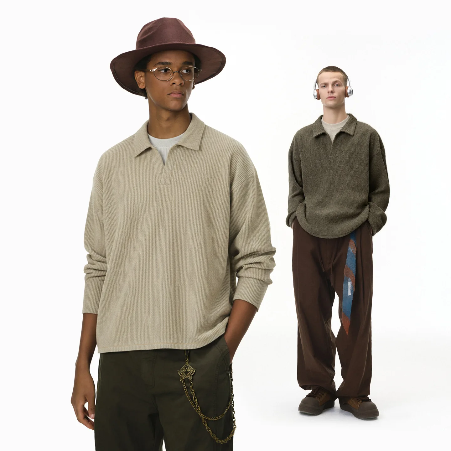 

Fashion Men's Solid Color Lapel Sweater 2025 New Heavy Casual Loose Knit Long Sleeve Top Men's Polo Sweater sold