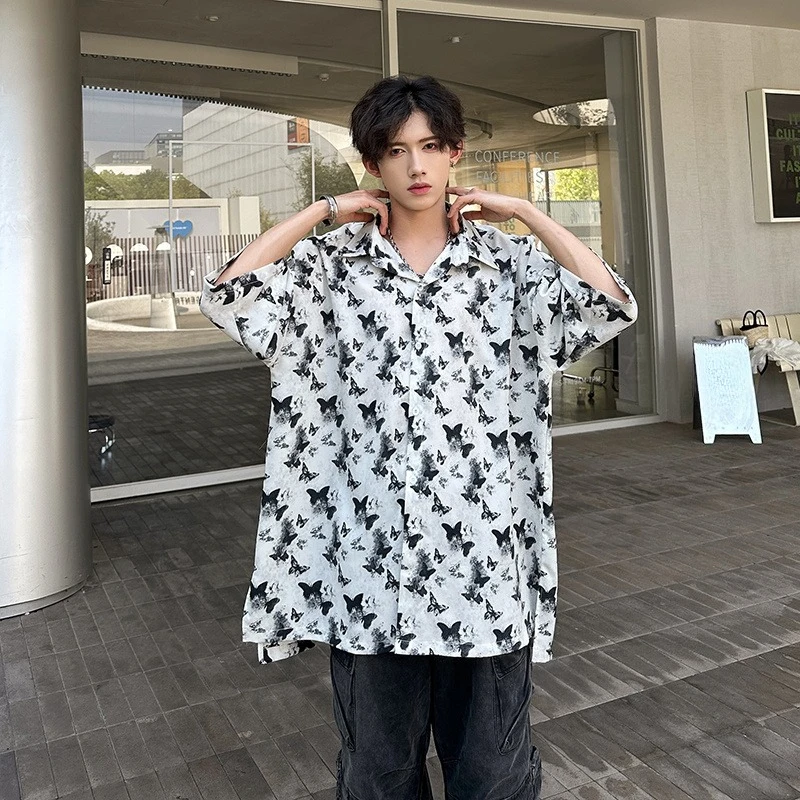 

2026 Summer Trendy Butterfly Print Shirt for Teen Boys Loose Casual Short Sleeve Men's Fashion