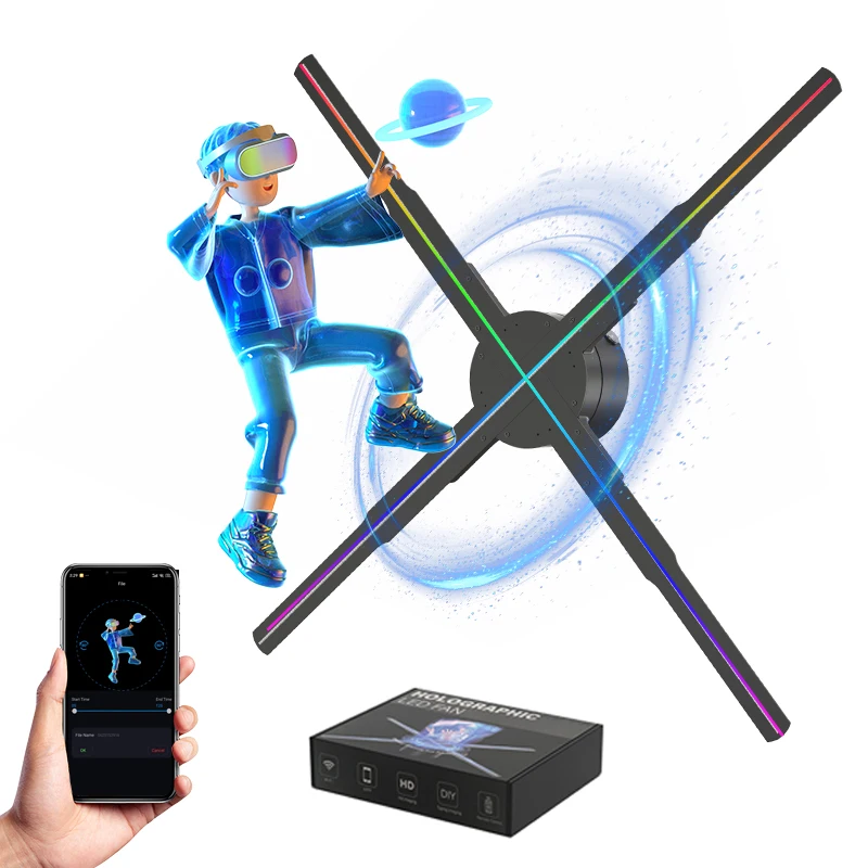 Ventilateur holographique 3D de 60 cm, logo LED, publicité créative, lumière, projection holographique personnalisée, néon, prise en charge du contrôle WIFI Bluetooth