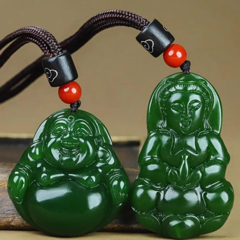 Jasper Guanyin Buddha Pendant Natural Spinach Green Jade Pendant Couple