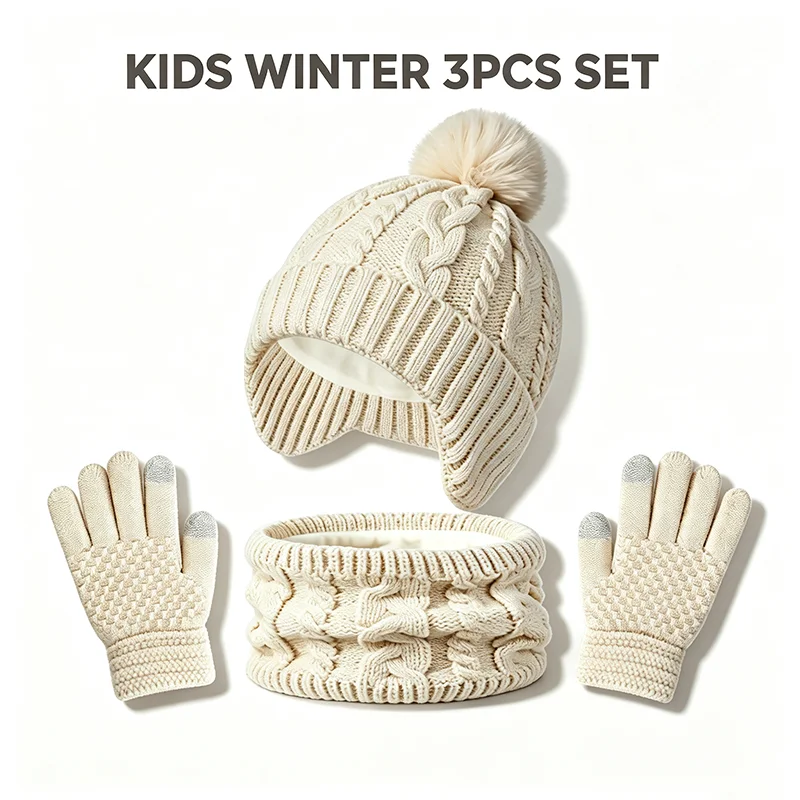 Kids Winter 3Pcs Earflap Single Pom Pom Knit Hat Scarf Touchscreen Gloves Set Fleece Lined Warm Toddler Outdoor Windproof Access