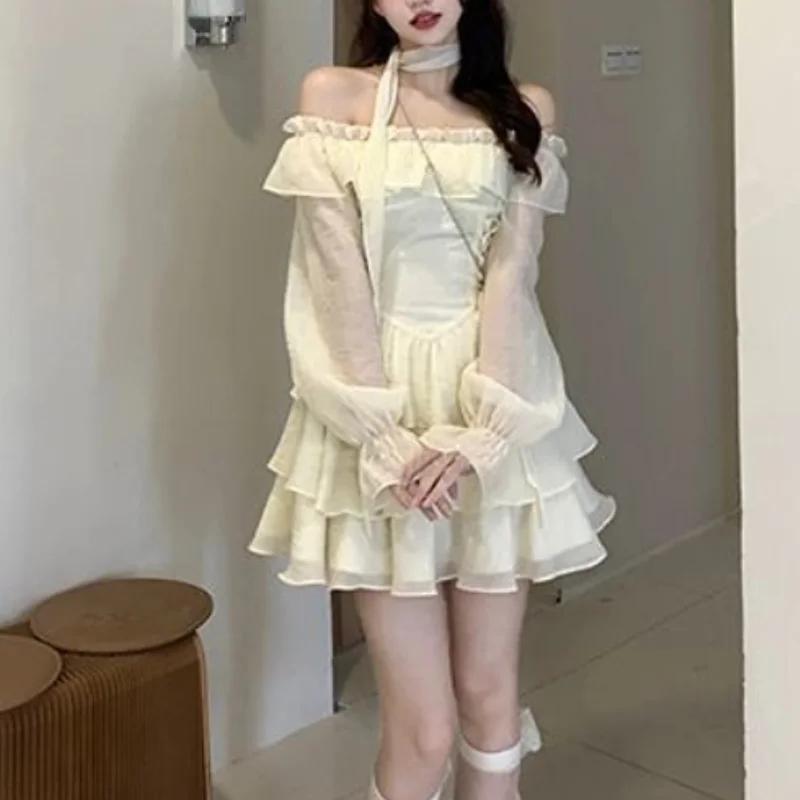 

Long Sleeve Elegant Mini Dress Lolita Pure Color Short Party Dress Woman Casual 2024 Spring Sweet One Piece Dress Korean Fashion