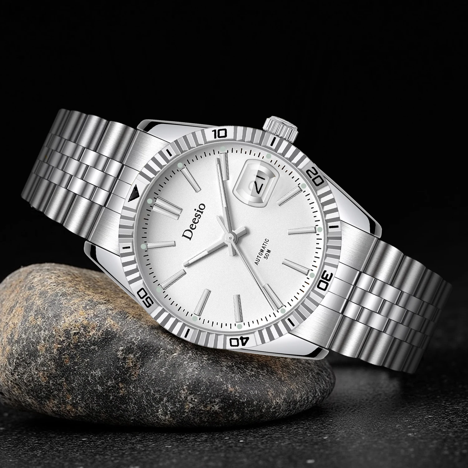 Deesio relógio mecânico automático masculino de luxo 50m à prova d'água vestido de negócios caixa de aço inoxidável luminoso presente perfeito para ele