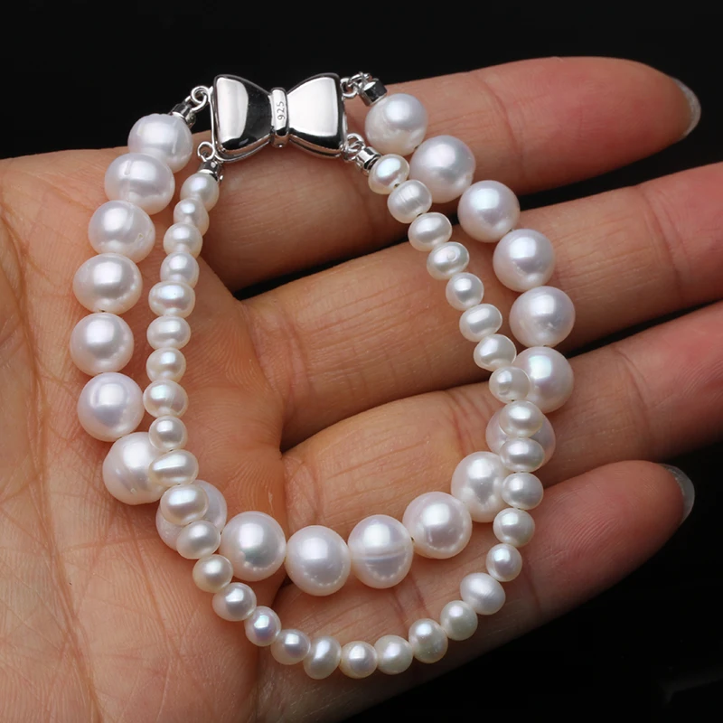 

Wedding Multilayer Natural Freshwater Double Pearl Bracelet Women,White 925 Silver Pearl Jewelry Bracelet Wife Anniversary Gift