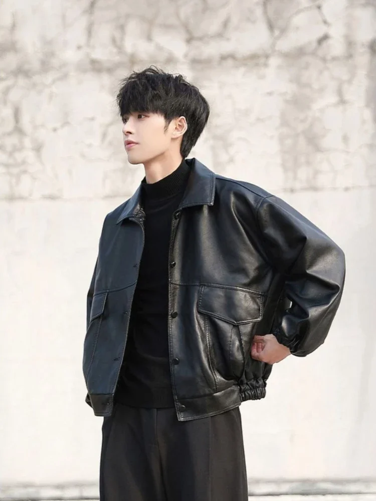 Handsome Oversized Pilot Leather Jacket for Men Autumn Winter Student Streetwear with Hong Kong Flair​