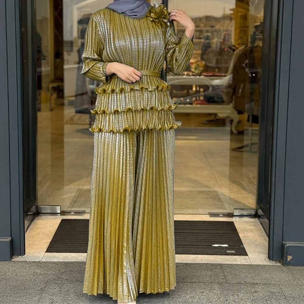 

Plus size women's slim suit high-end pleated top pleated long skirt two-piece skirt-GZXX996