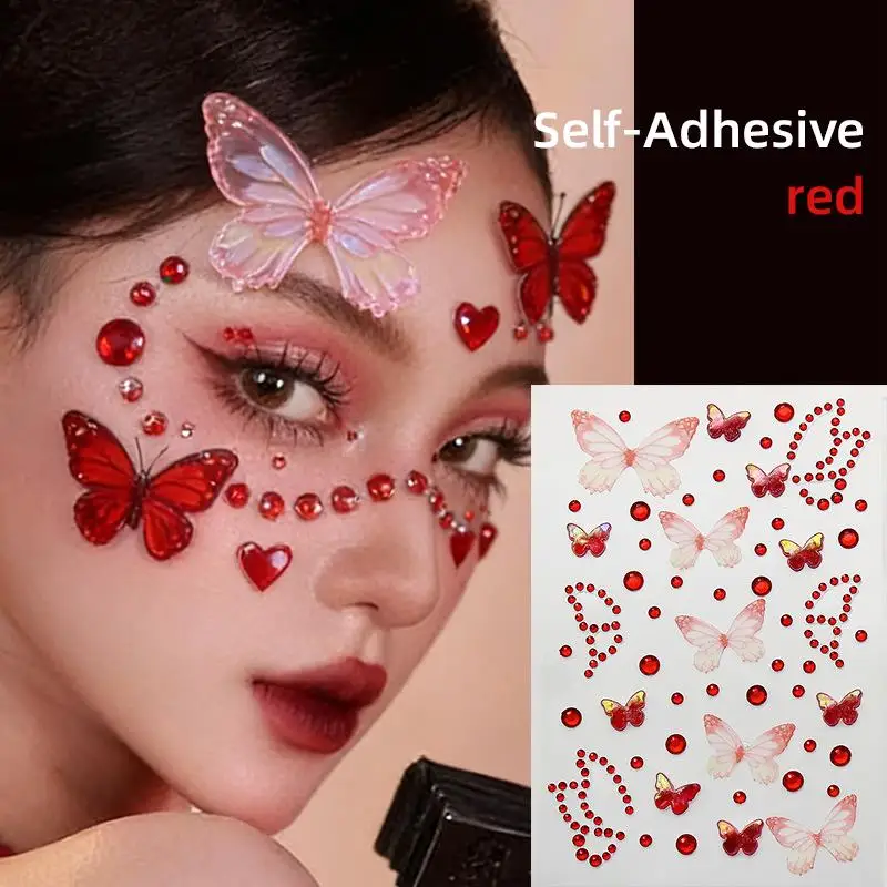 

1 шт. 3D-наклейки на лицо в виде красных бабочек со стразами, самоклеящиеся, временные татуировки с кристаллами, декоративные наклейки для макияжа своими руками