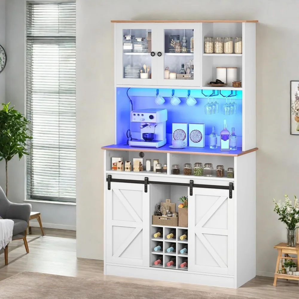 

72" H Farmhouse Coffee Bar Cabinet with Power Outlet, Tall Buffet Cabinet with Wine Rack & LED Light, Bar Cabinets with Sliding