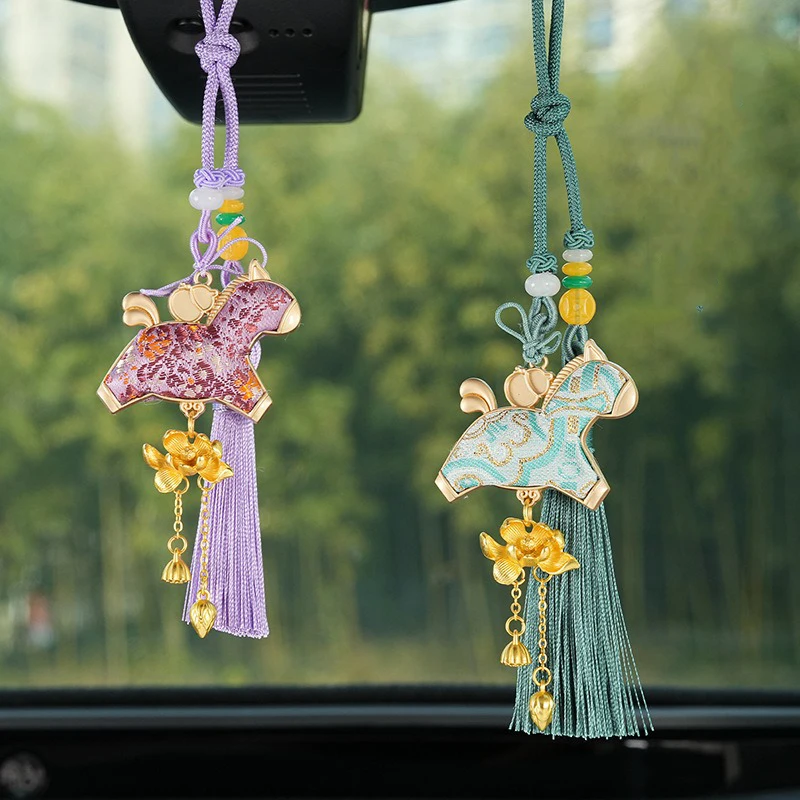 Lunar New Year Horse Car Interior Rearview Mirror Decoration Embroidered Brocade Zodiac Pendant Chinese Style Festival Decor