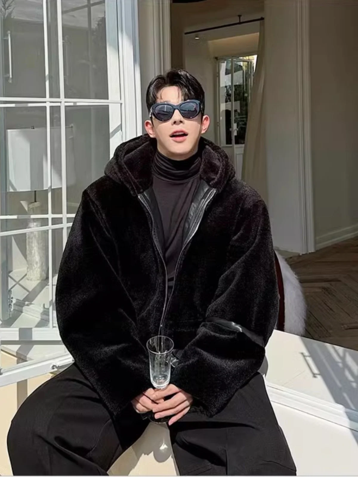 

Autumn Winter Double-Sided Wearable Detachable Hooded Jaet Men's Loose Cotton Coat Fake Fur Outerwear Faionable