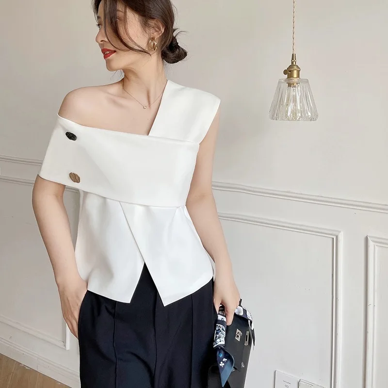 レディエレガントワンショルダートップスシャツ女性 OL オフィスボタンスプリットトップスフォーマル高級トレンディイン誕生日フェスティバルストリートウェア