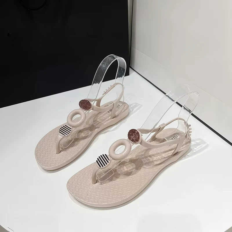 Summer New Flat Shoes Women\'s National One Word Buckle Beach Sandals Soft Soled Herringbone Sandals for Women