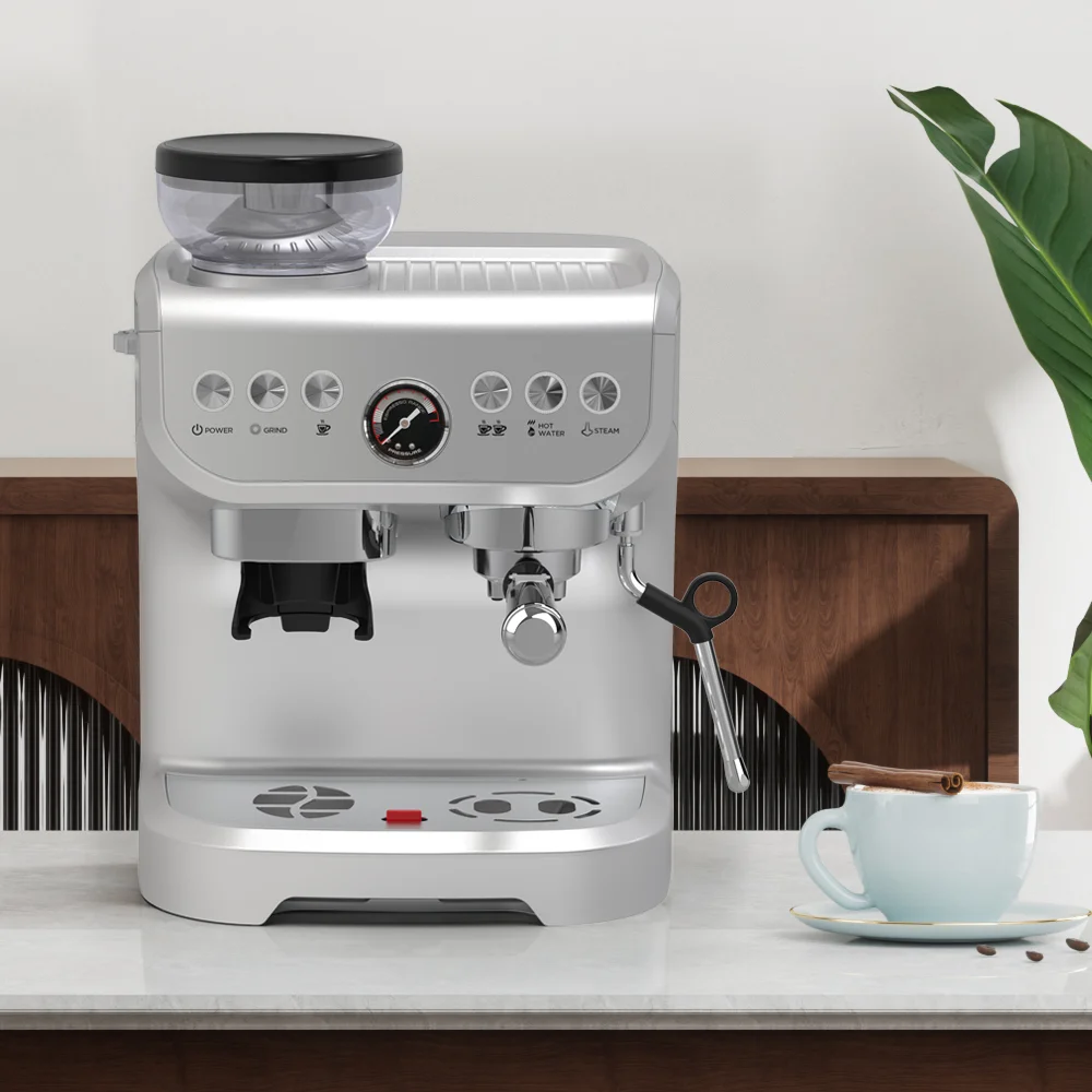 

Italian 15 Bar Professional Electric Semi Automatic 3 In 1 Espresso Coffee Maker Machine With Grinder Function