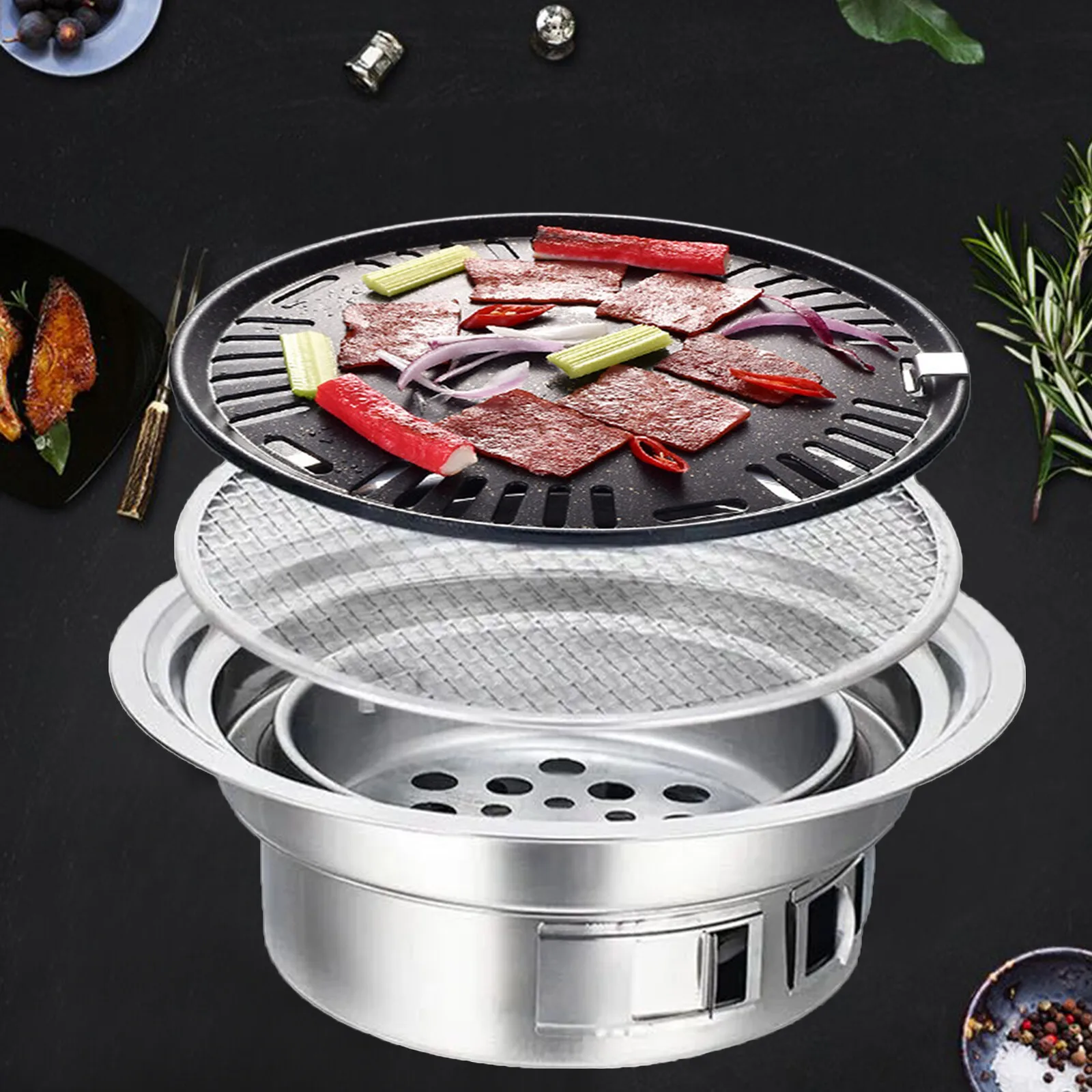 Japanese Korean Stainless Steel Hibachi Bbq Picnic Table Round Grill Outdoor & Indoor Barbecue Stove Cooker Portable