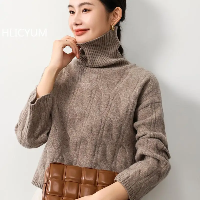 Women's Clothing 100% Wool Beige Sweater Turtleneck Loose Casual Jumpers Pullover Soft Short Outerwears Winter Thicked