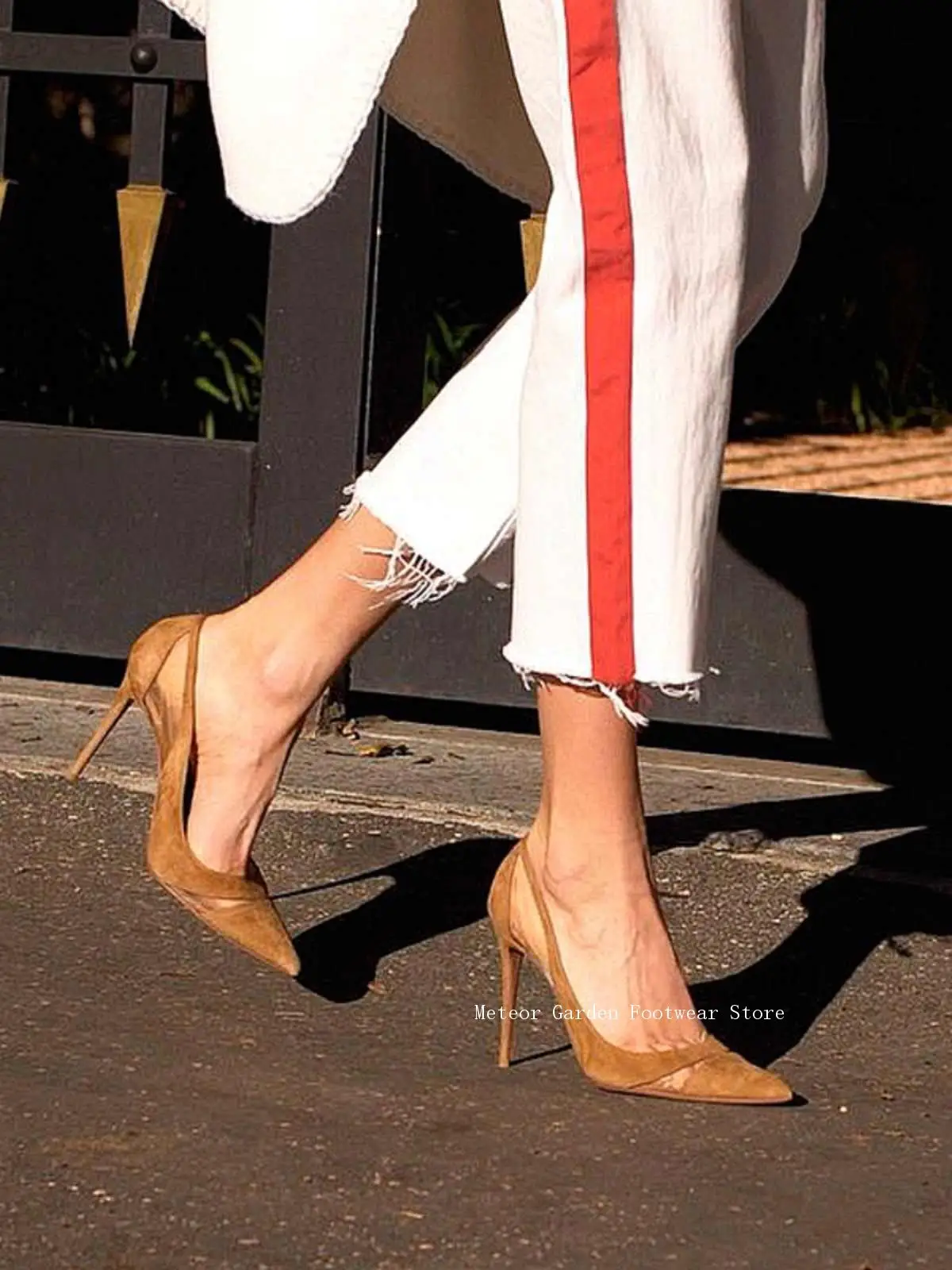 

Summer New Women's Pointed Stiletto Heels French Sexy Single Shoes Slip On Hollow Mesh Temperament Casual High Heels