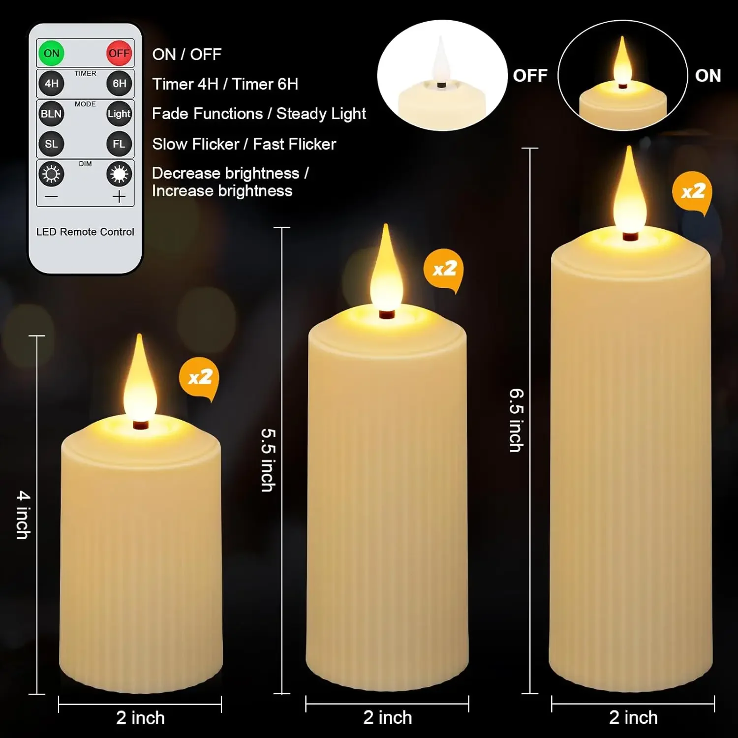 Set of 6 USB Rechargeable Remote Control LED Candles Flickering 3D Flame Roman Pillar Candle Light Waterproof F/Christmas Home