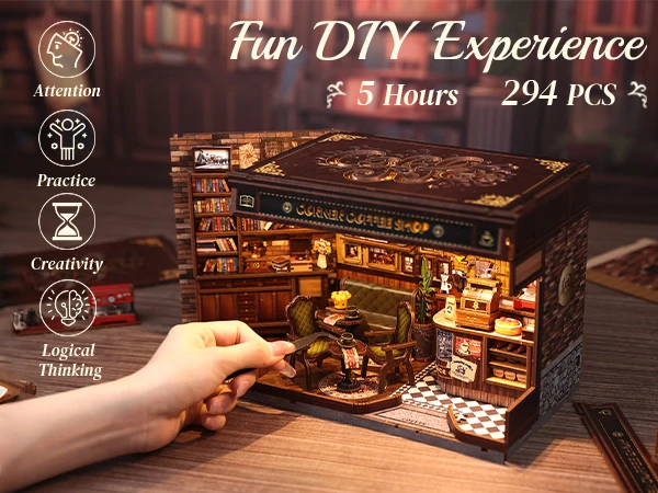 Original CUTEBEE 22cm Book Nook Kit DIY Miniature House Coffee Shop Dollhouse Book Nook Kit 3D Wooden Puzzles for Adults Corner Coffee Shop Booknook Tiny House Bookshelf Decor 3D Wooden Puzzle for Adults DIY Hbby Craft Gift book fans gift christmas decort