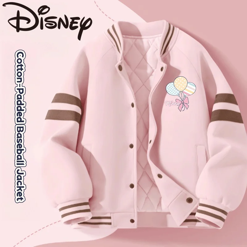 Kurtka baseballowa dla dziewczynek Disney, ocieplana bawełną, różowa, wzór Minnie, wiatroodporna odzież wierzchnia, jesienno-zimowa kurtka odporna na zimno.
