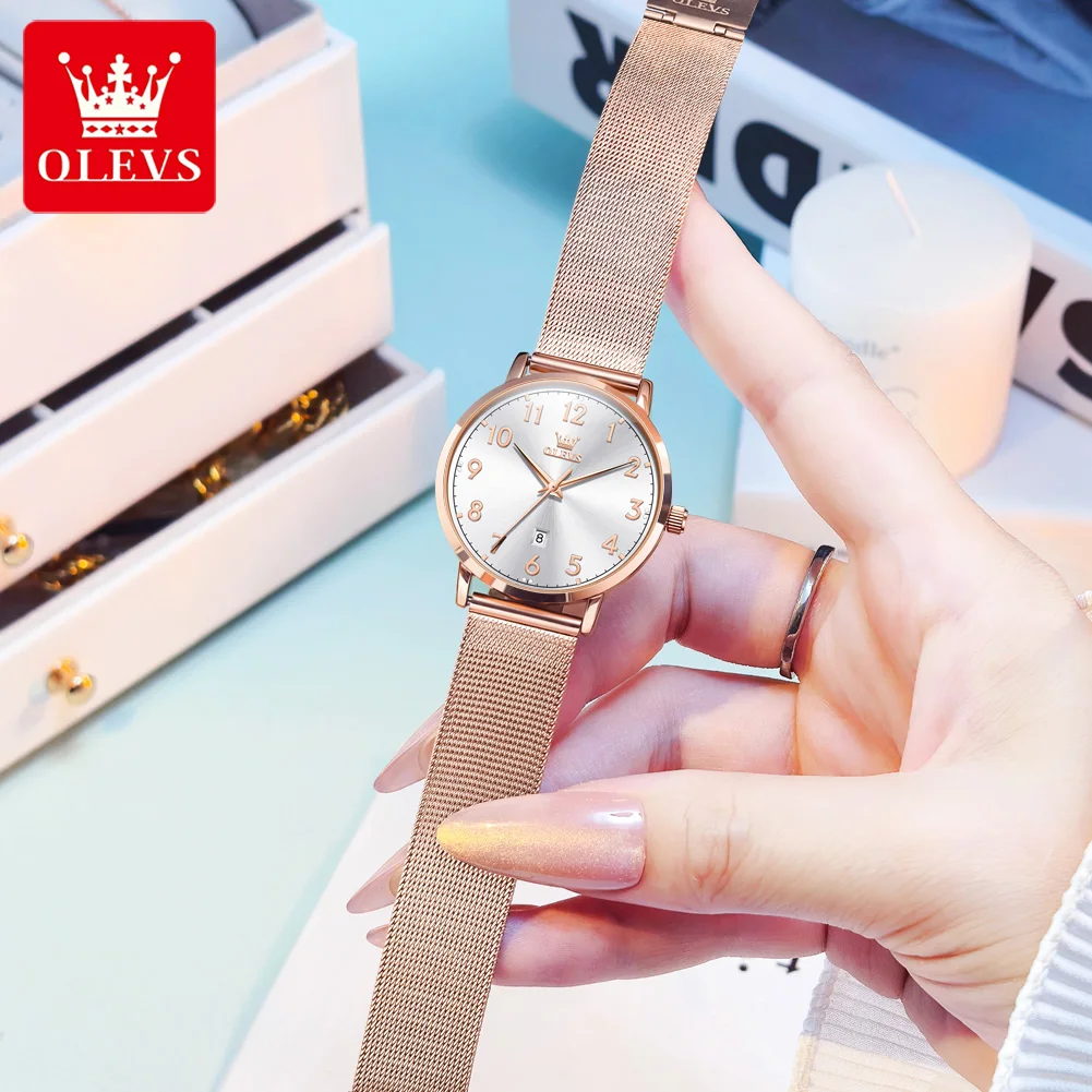 OLEVS 5653 Luxury Brand Women Watch Waterproof Mesh Steel Strap Auto Date Simple Fashion Quartz Ladies Wristwatch