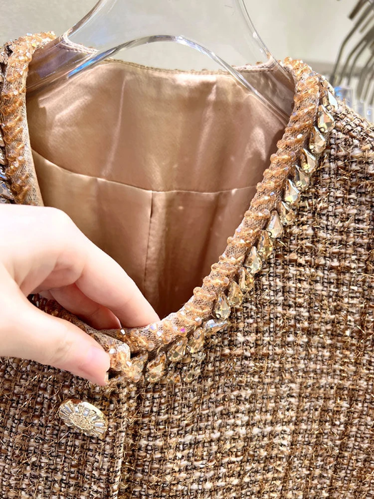 

Осень-зима, твидовый роскошный хлопковый жилет со стразами, женский стеганый жилет без рукавов с карманами, женский однобортный жилет с круглым вырезом