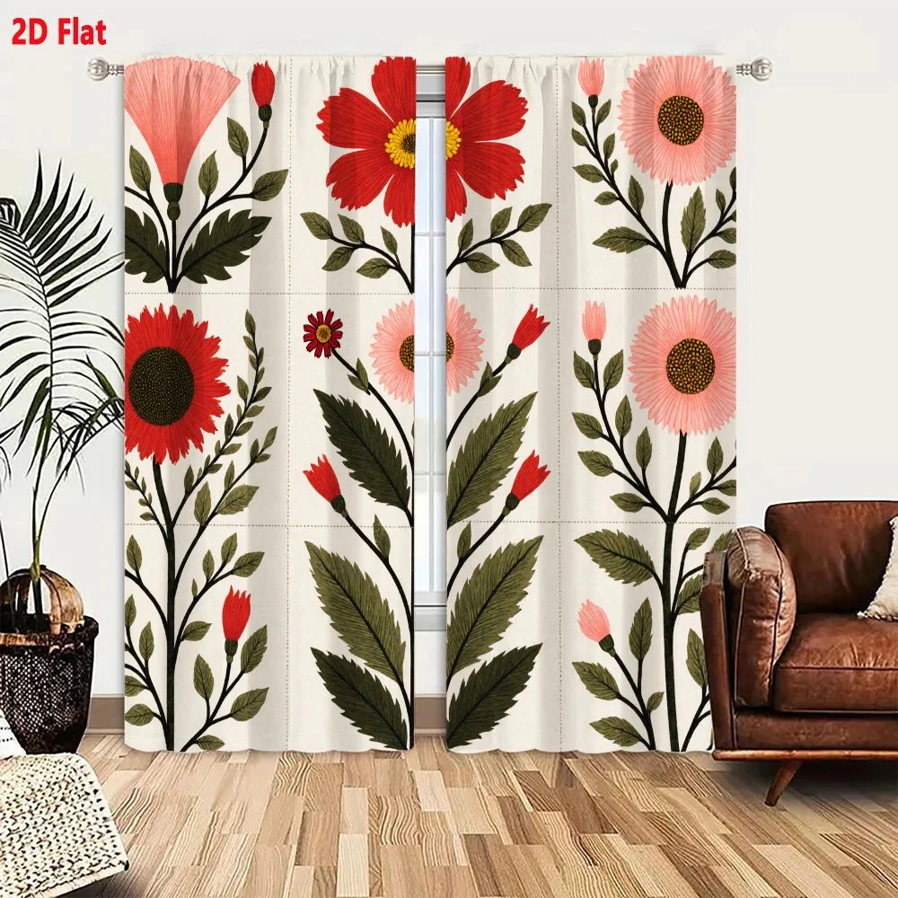 2Pcs Curtains 2D Flat Nine Stylized Floral Illustrations in 3x3 Grid Light Beige Background Bold Flat Colors Simple Clean Lines
