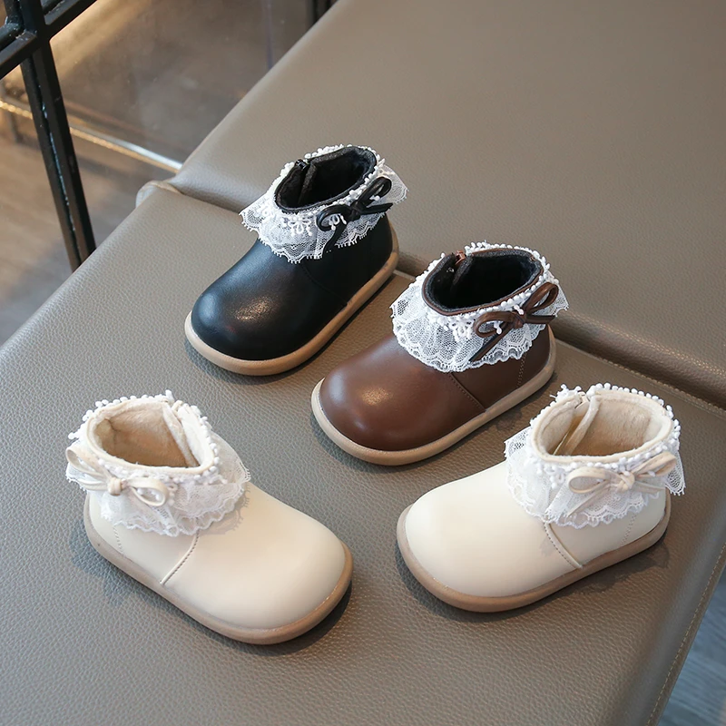 

Children Pincess Short Boots for Girls 2025 Winter New Fashion Korean Style Soft Sole Anti-slippery Versatile Elegant Lace Shoes