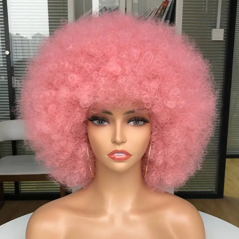 Afro Kinky Curly Wig With Bangs Short Synthetic Wigs For Black Women Omber Brown Blonde Cosplay Hair HIHOO Hair