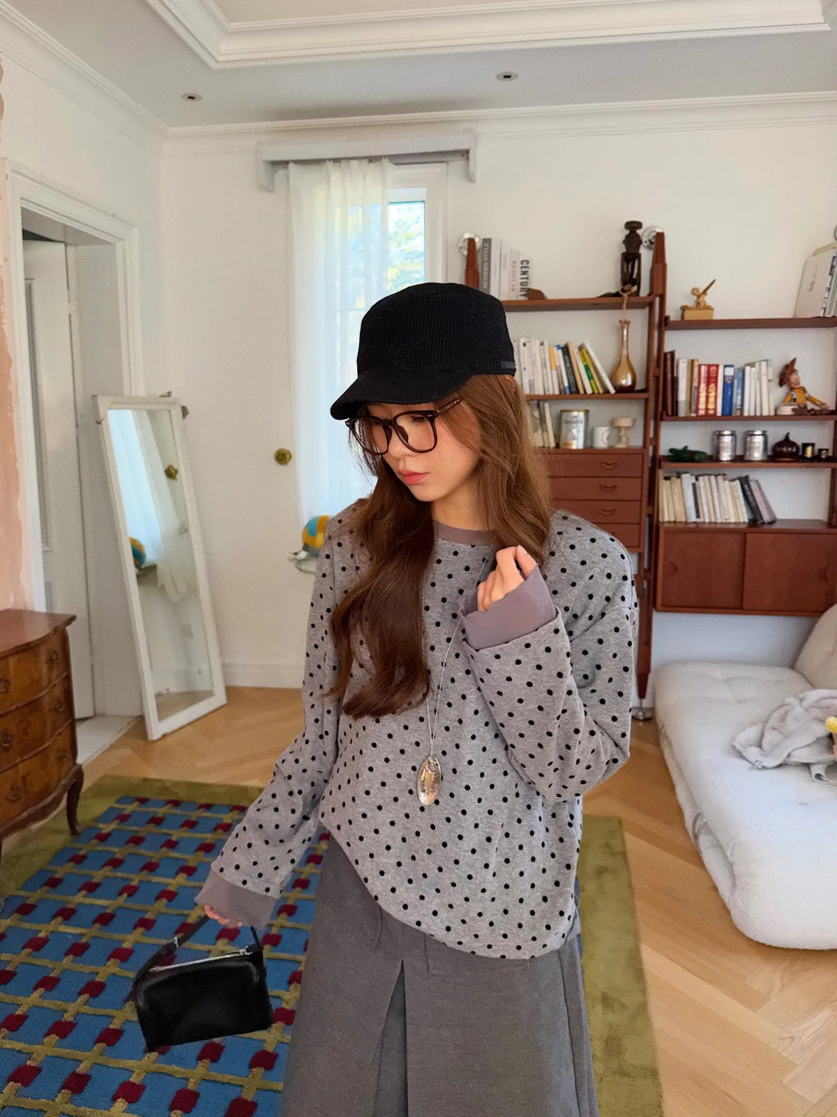 

Женская модная футболка Acrab Retro в горошек с длинным рукавом, осенне-зимний топ из хлопка и полиэстера с круглым вырезом