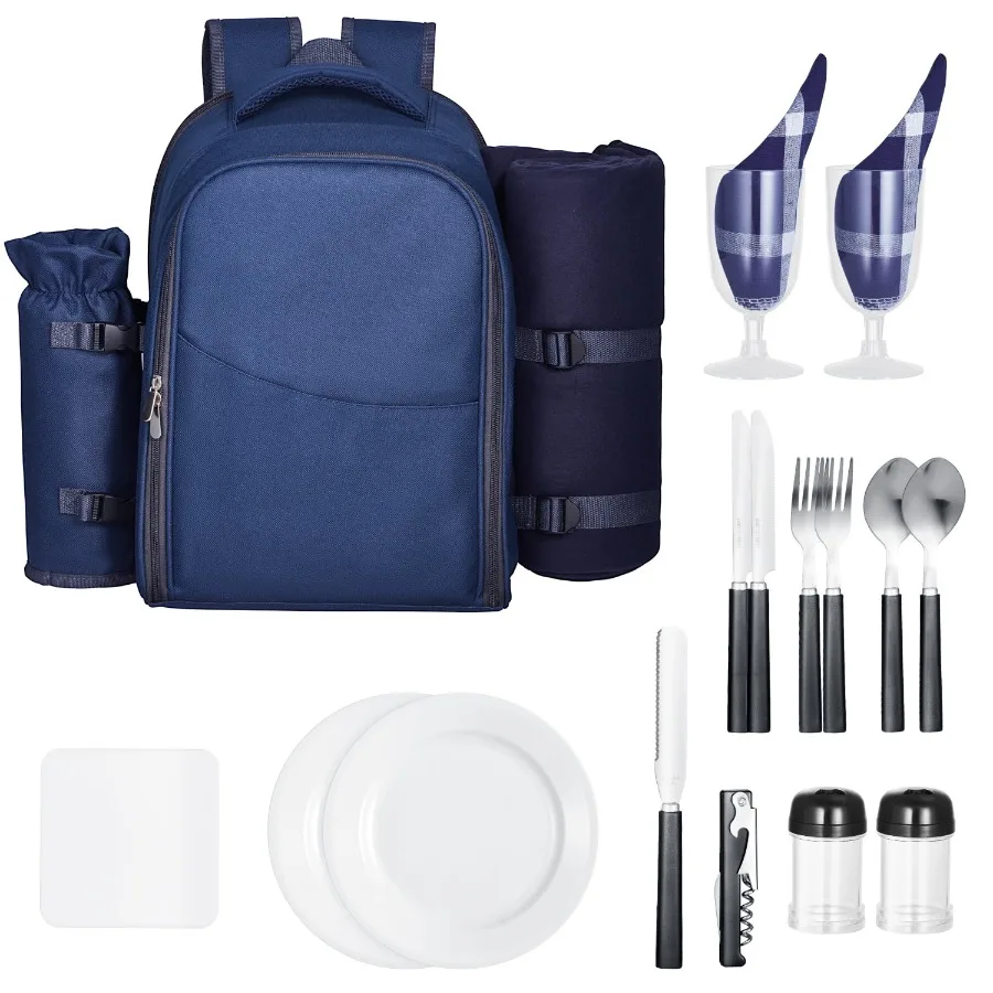 

Рюкзак для пикника на 2 человек с термоотделением, съемным держателем для бутылок, пледом, тарелками и набором столовых приборов. Идеально подходит для кемпинга, походов и отдыха на природе.