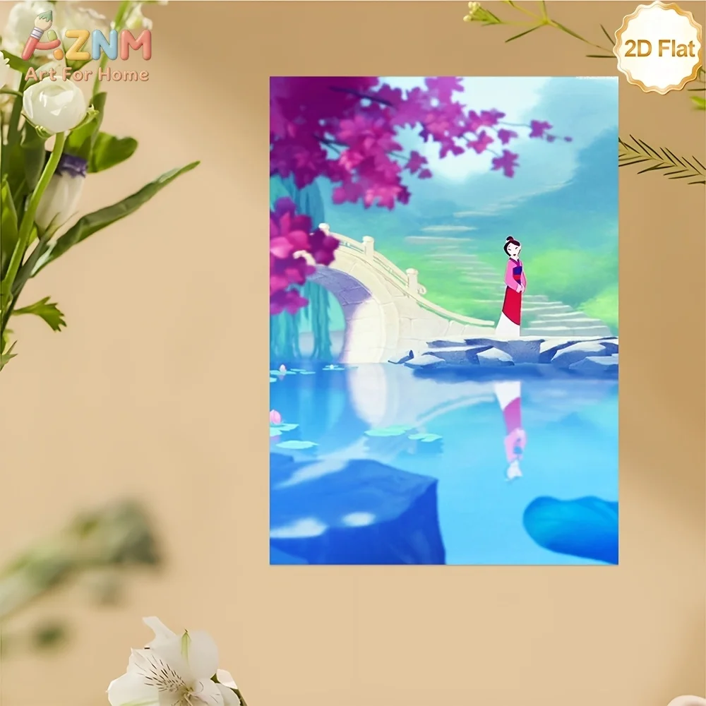 AZNM Mulan Cherry Blossom Bridge - Lienzo decorativo sin marco para pared, póster colorido de dibujos animados asiáticos de la princesa Disney, decoración para habitación infantil